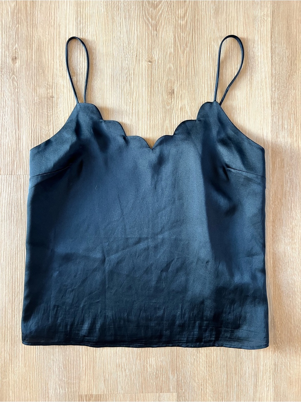Lulu’s Black Scallop-Edge Satin Cami Top